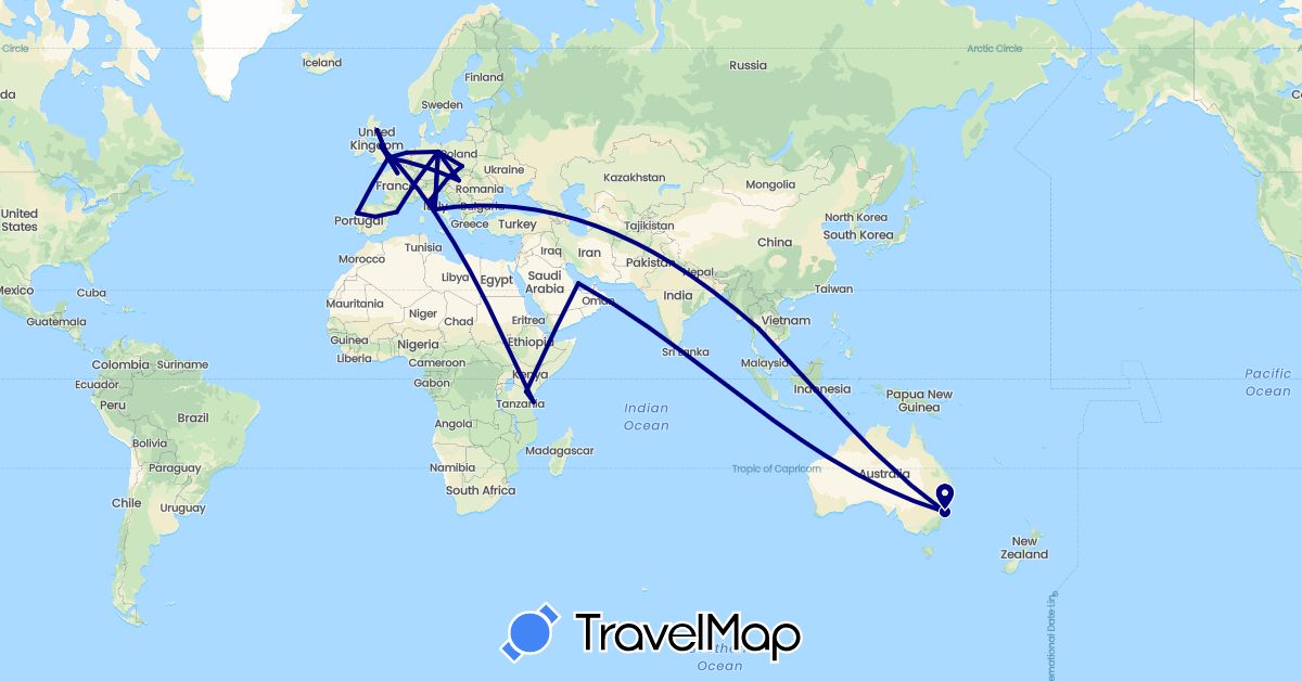 TravelMap itinerary: driving in Austria, Australia, Germany, Spain, France, United Kingdom, Hungary, Italy, Netherlands, Poland, Portugal, Qatar, Thailand, Tanzania (Africa, Asia, Europe, Oceania)